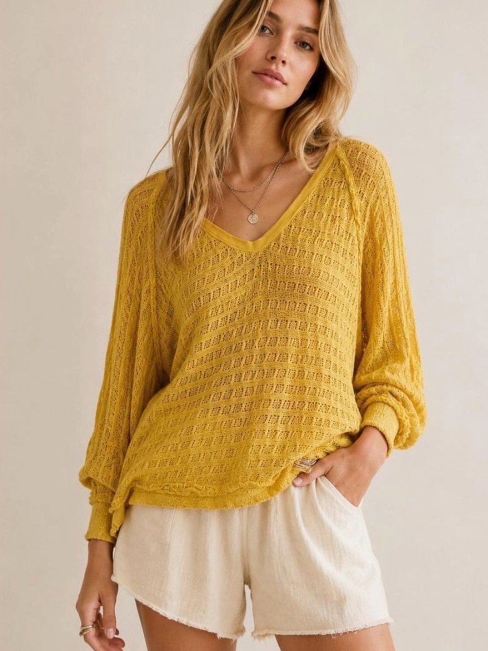 We The Free Open-Knit V-Neck Sweater in Mustard Yellow SZ S